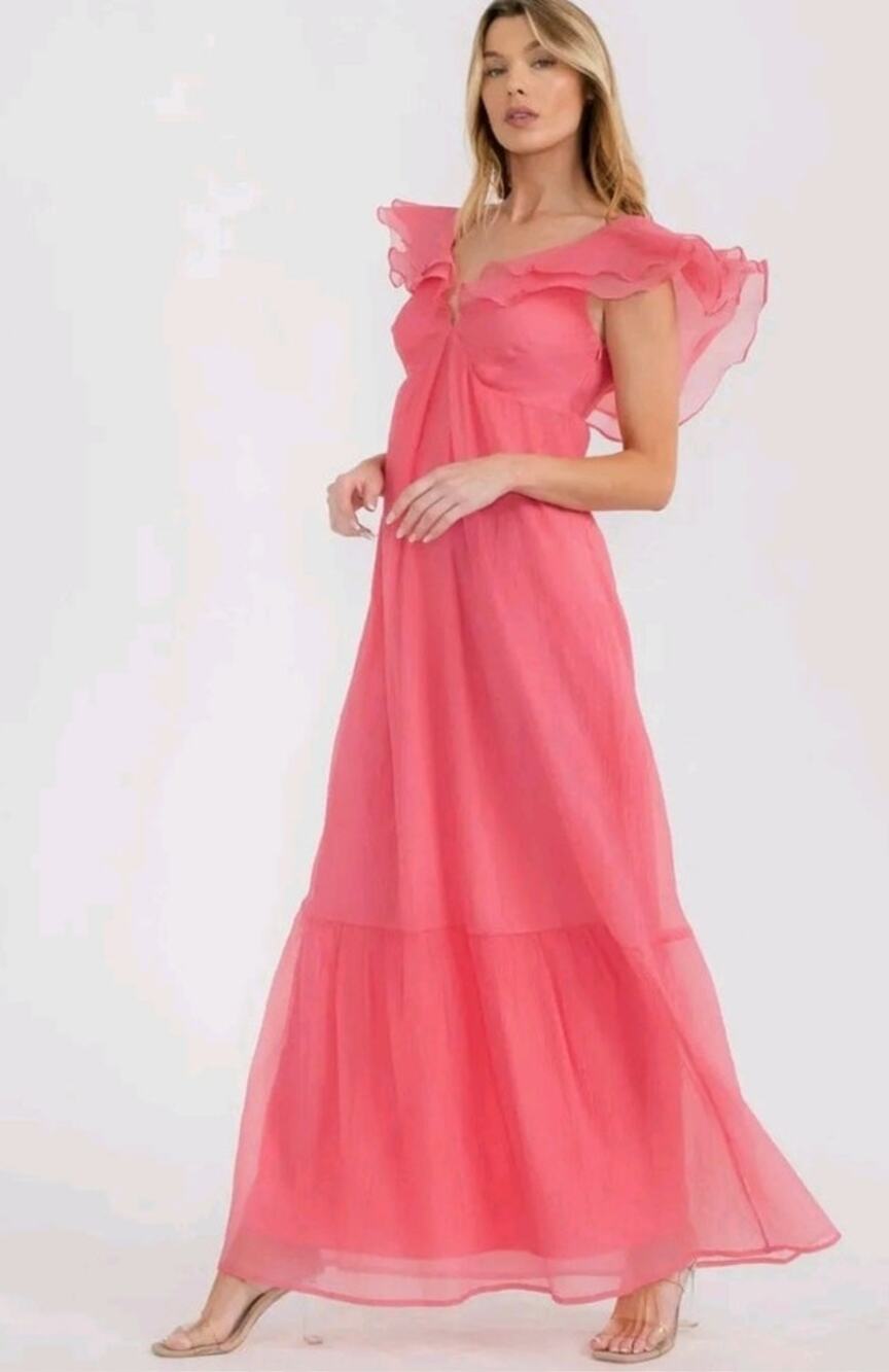 Pink Ruffle sleeve Balletcore maxi dress Size Large Catalina v neck Maxi crinkle